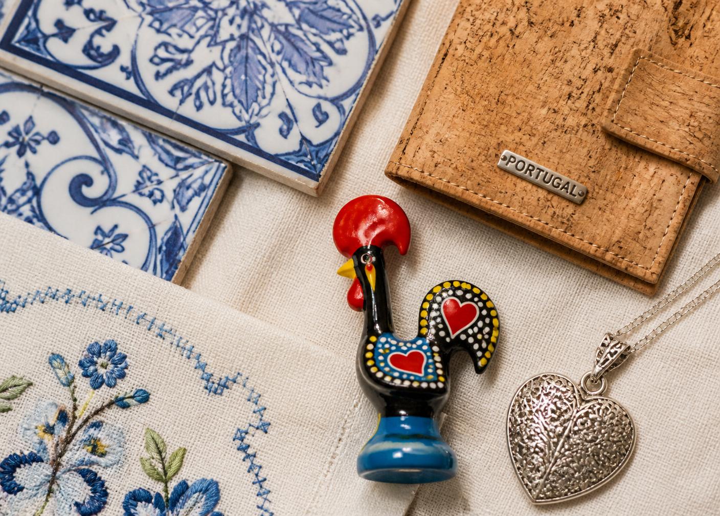 Portuguese handicrafts: azulejo, cork wallet, Barcelos rooster, filigree heart